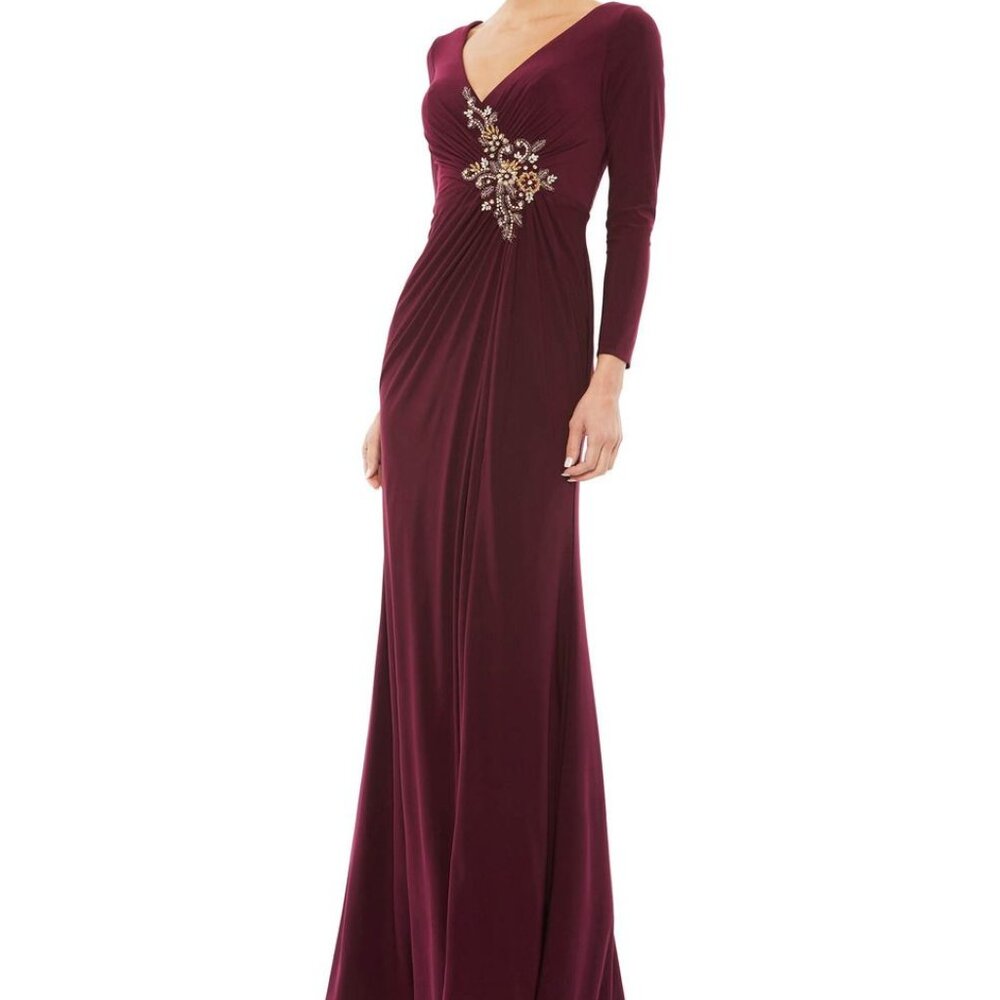 NWT Mac Duggal Faux Wrap Long Sleeve Gown W Appliqué Detail‎ Berry SZ 12